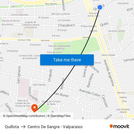 Quillota to Centro De Sangre - Valparaiso map