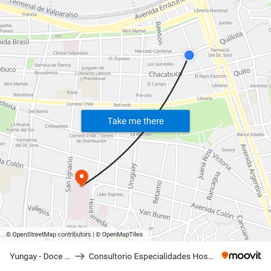 Yungay - Doce De Febrero to Consultorio Especialidades Hospital Carlos Van Buren map