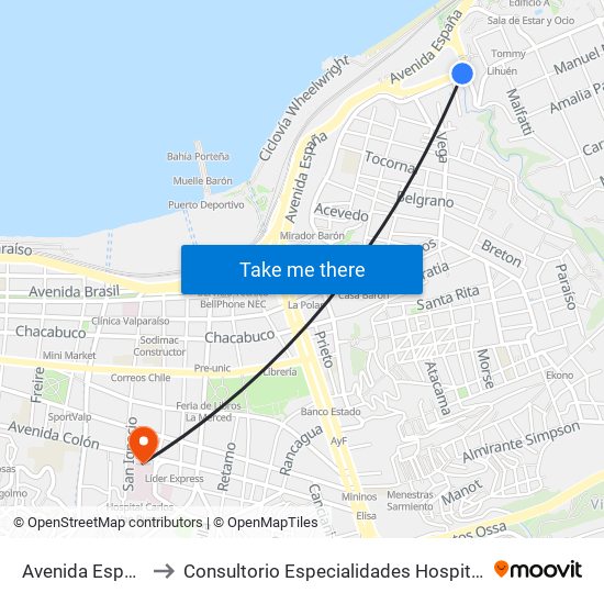 Avenida España, 1139 to Consultorio Especialidades Hospital Carlos Van Buren map