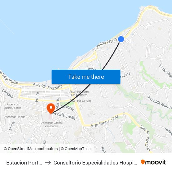 Estacion Portales / Sur to Consultorio Especialidades Hospital Carlos Van Buren map