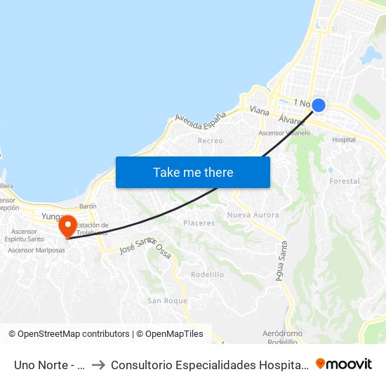 Uno Norte - Quillota to Consultorio Especialidades Hospital Carlos Van Buren map