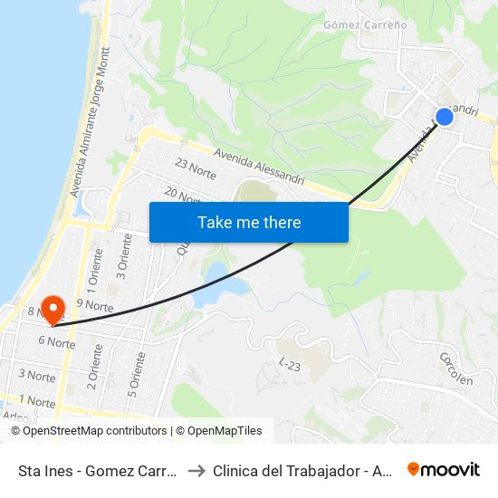 Sta Ines - Gomez Carreño to Clinica del Trabajador - ACHS map