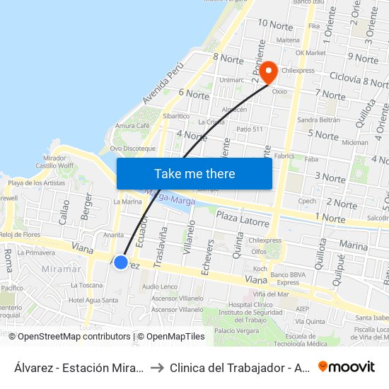 Álvarez - Estación Miramar to Clinica del Trabajador - ACHS map