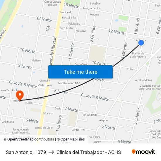 San Antonio, 1079 to Clinica del Trabajador - ACHS map