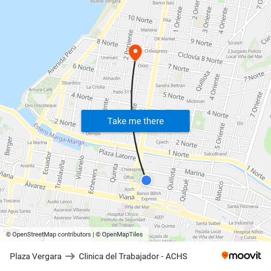 Plaza Vergara to Clinica del Trabajador - ACHS map