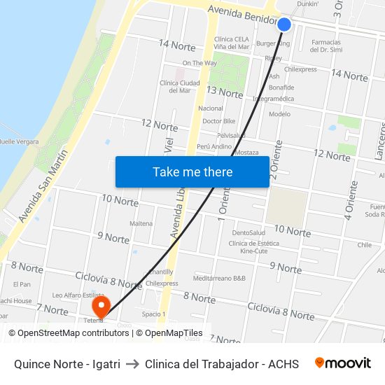 Quince Norte - Igatri to Clinica del Trabajador - ACHS map