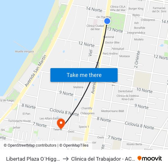 Libertad Plaza O´Higgins to Clinica del Trabajador - ACHS map