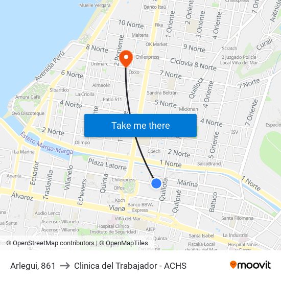 Arlegui, 861 to Clinica del Trabajador - ACHS map