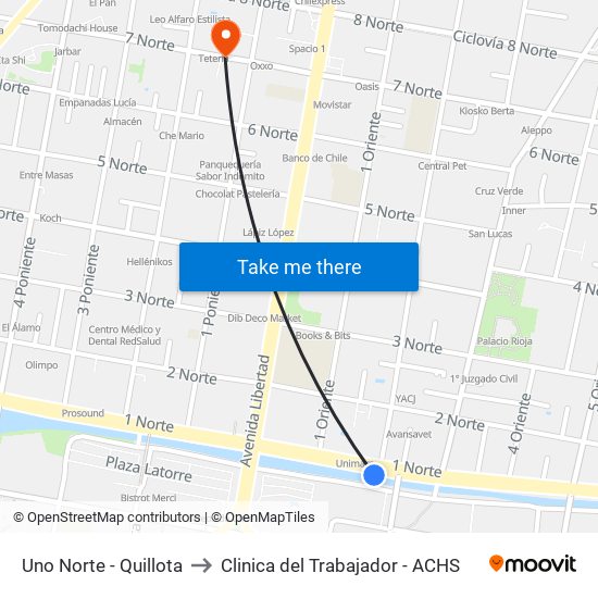 Uno Norte - Quillota to Clinica del Trabajador - ACHS map