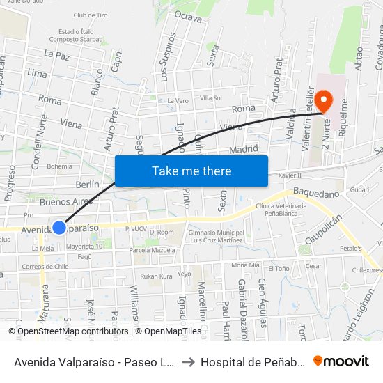 Avenida Valparaíso - Paseo La Torre to Hospital de Peñablanca map