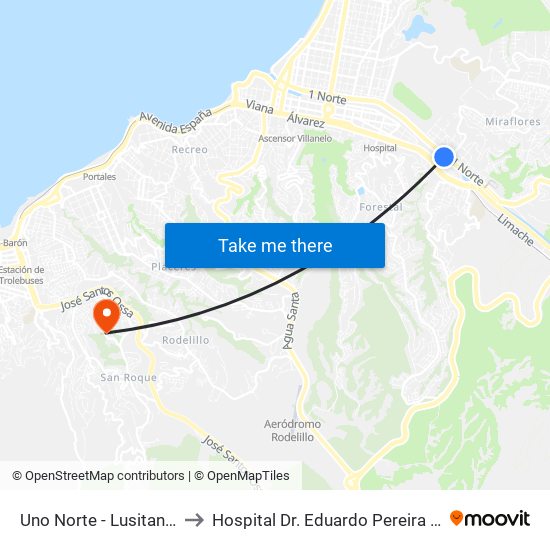 Uno Norte - Lusitania to Hospital Dr. Eduardo Pereira R. map