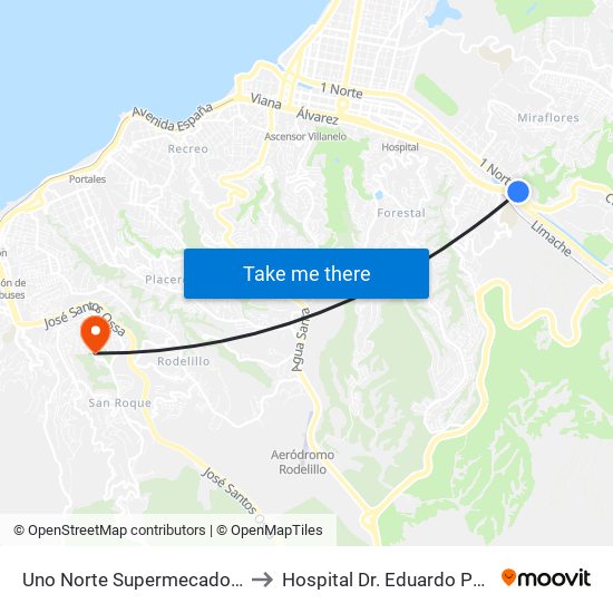 Uno Norte Supermecado Jumbo to Hospital Dr. Eduardo Pereira R. map