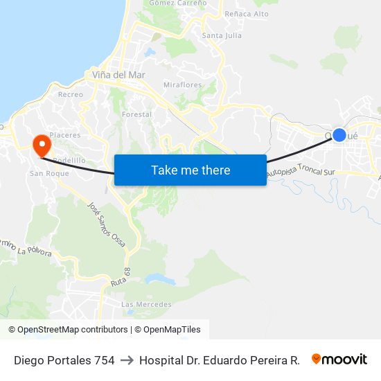 Diego Portales 754 to Hospital Dr. Eduardo Pereira R. map