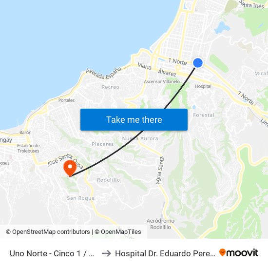 Uno Norte - Cinco 1 / 2 Ote to Hospital Dr. Eduardo Pereira R. map