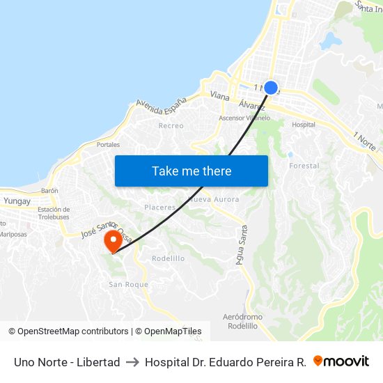 Uno Norte - Libertad to Hospital Dr. Eduardo Pereira R. map