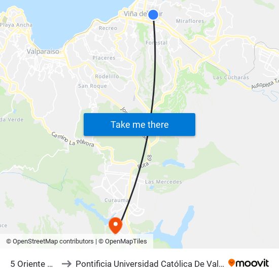5 Oriente Cruz Verde to Pontificia Universidad Católica De Valparaíso - Campus Curauma map