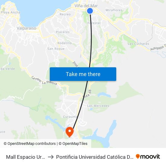 Mall Espacio Urbano Viña Centro to Pontificia Universidad Católica De Valparaíso - Campus Curauma map