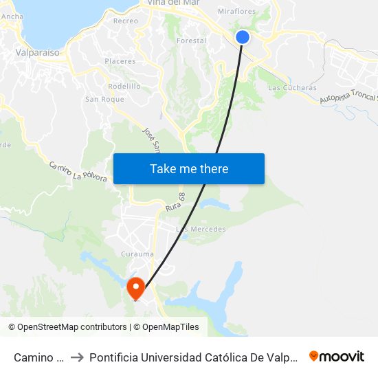 Camino Troncal to Pontificia Universidad Católica De Valparaíso - Campus Curauma map