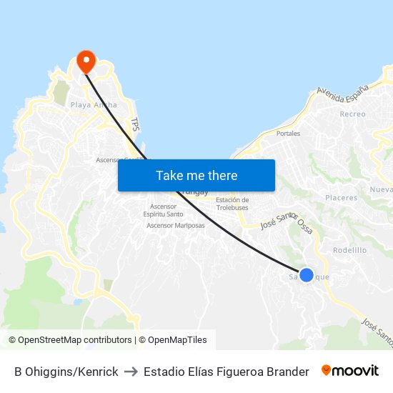 B Ohiggins/Kenrick to Estadio Elías Figueroa Brander map