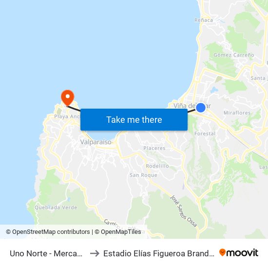 Uno Norte - Mercado to Estadio Elías Figueroa Brander map