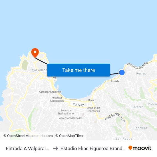 Entrada A Valparaiso to Estadio Elías Figueroa Brander map
