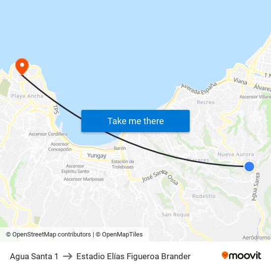 Agua Santa 1 to Estadio Elías Figueroa Brander map