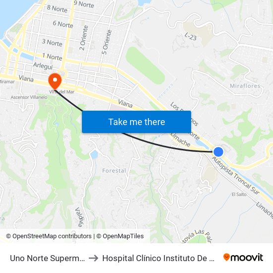 Uno Norte Supermecado Jumbo to Hospital Clínico Instituto De Seguridad Del Trabajo map