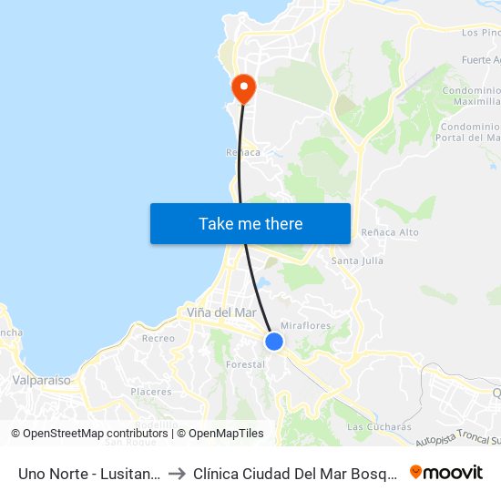 Uno Norte - Lusitania to Clínica Ciudad Del Mar Bosque map