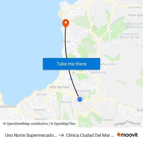 Uno Norte Supermecado Jumbo to Clínica Ciudad Del Mar Bosque map