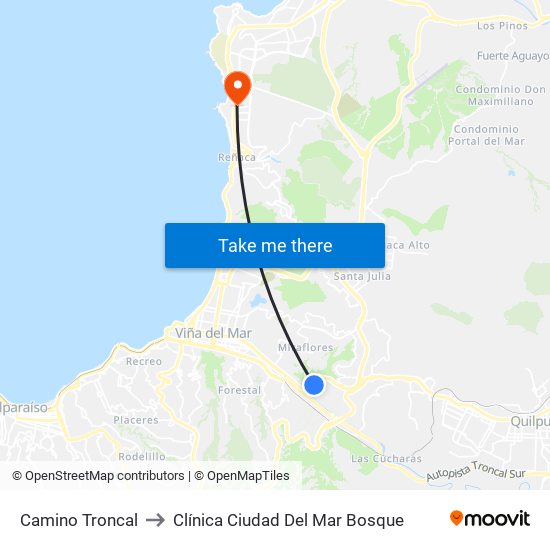 Camino Troncal to Clínica Ciudad Del Mar Bosque map