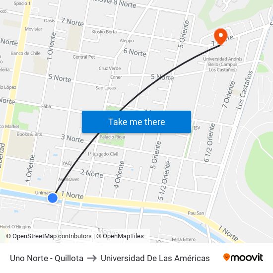 Uno Norte - Quillota to Universidad De Las Américas map