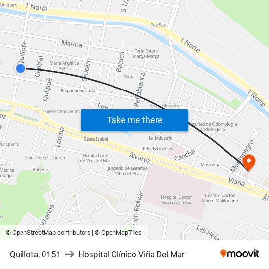 Quillota, 0151 to Hospital Clínico Viña Del Mar map