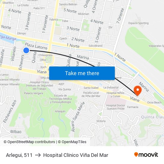 Arlegui, 511 to Hospital Clínico Viña Del Mar map