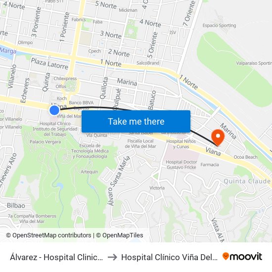 Álvarez - Hospital Clinico Ist to Hospital Clínico Viña Del Mar map