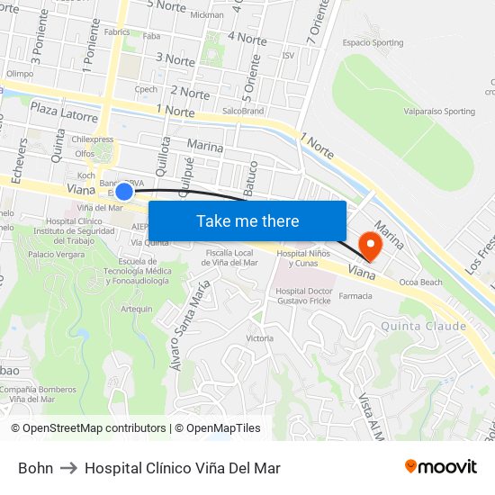 Bohn to Hospital Clínico Viña Del Mar map