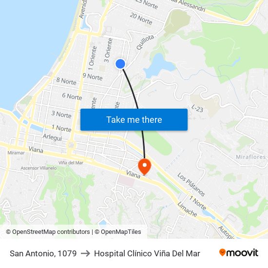 San Antonio, 1079 to Hospital Clínico Viña Del Mar map