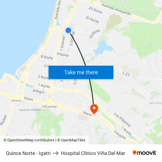 Quince Norte - Igatri to Hospital Clínico Viña Del Mar map