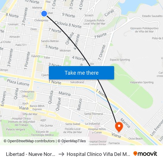 Libertad - Nueve Norte to Hospital Clínico Viña Del Mar map