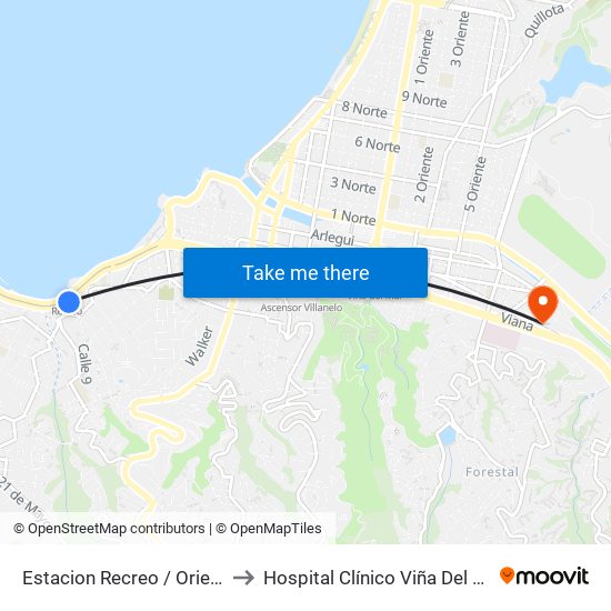 Estacion Recreo / Oriente to Hospital Clínico Viña Del Mar map