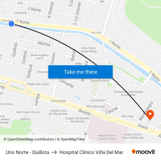 Uno Norte - Quillota to Hospital Clínico Viña Del Mar map