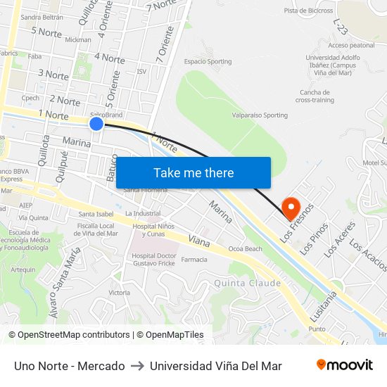 Uno Norte - Mercado to Universidad Viña Del Mar map