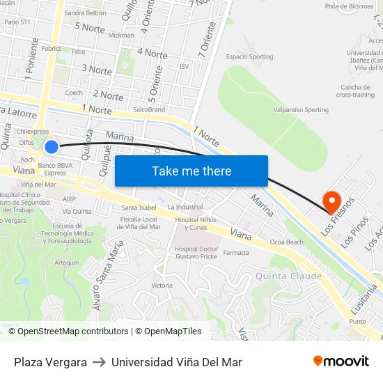 Plaza Vergara to Universidad Viña Del Mar map