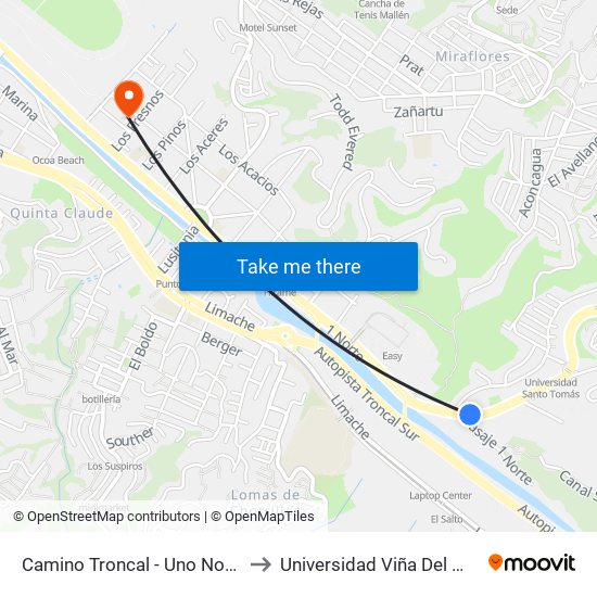 Camino Troncal - Uno Norte to Universidad Viña Del Mar map