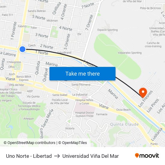 Uno Norte - Libertad to Universidad Viña Del Mar map