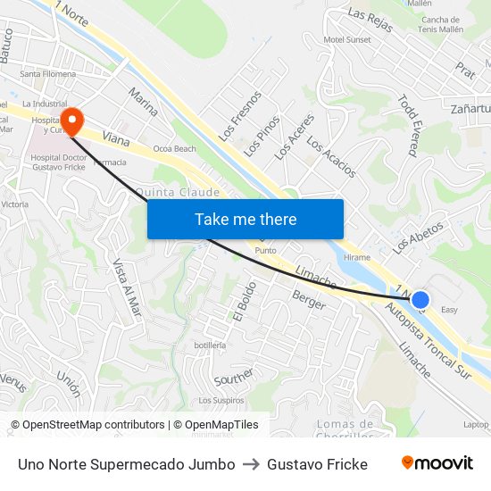 Uno Norte Supermecado Jumbo to Gustavo Fricke map