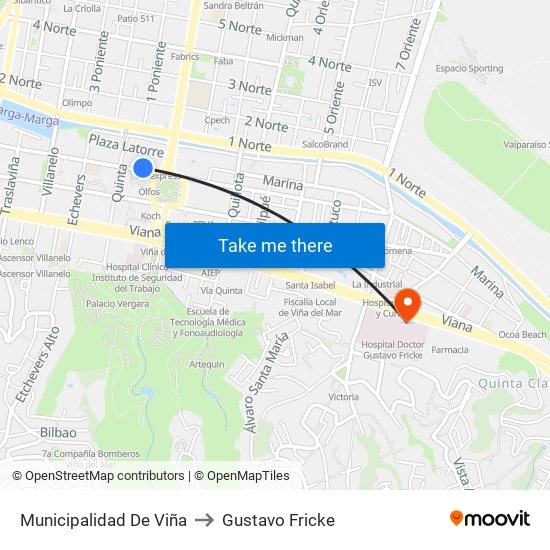 Municipalidad De Viña to Gustavo Fricke map