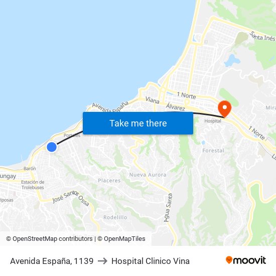 Avenida España, 1139 to Hospital Clinico Vina map