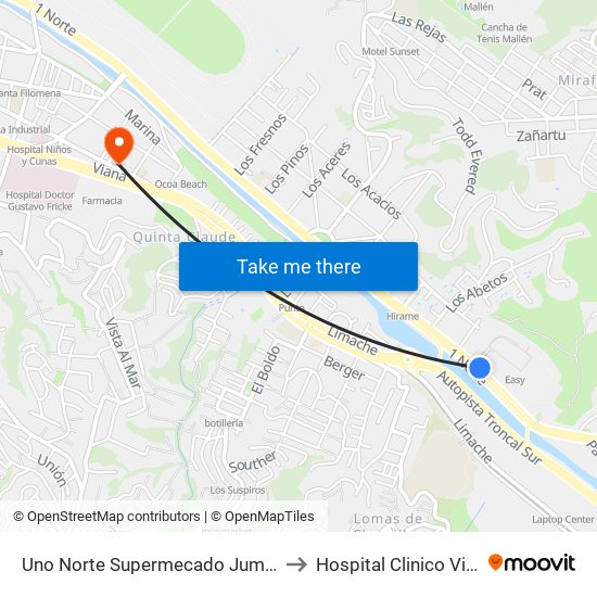 Uno Norte Supermecado Jumbo to Hospital Clinico Vina map