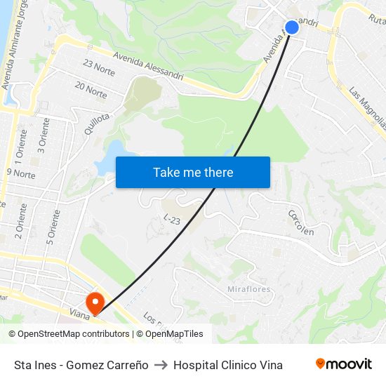 Sta Ines - Gomez Carreño to Hospital Clinico Vina map