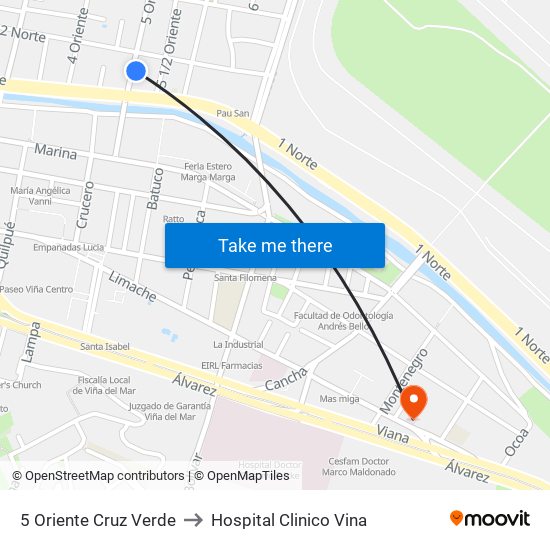 5 Oriente Cruz Verde to Hospital Clinico Vina map